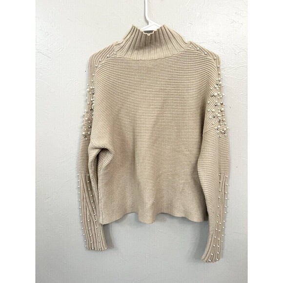 Passioni  Oversized Pearl Camel Tan Sweater Beaded Mock Neck Size Small Shirt - Picture 8 of 9